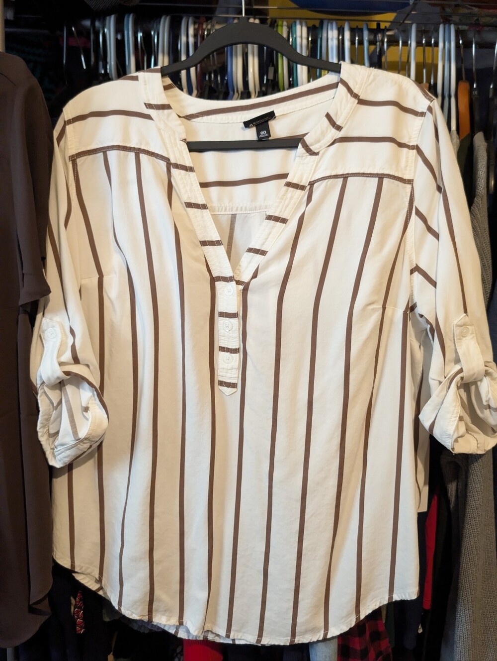torrid Cream Blouse with Brown Vertical Stripes